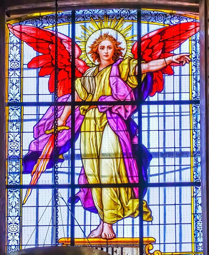 Colorful Archangel Uriel Stained glass Cathedral Puebla-Mexico Built in 15 to 1600s